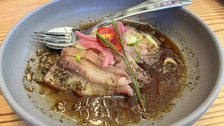 Sashimi in grey bowl