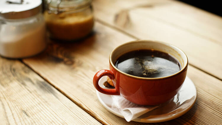 Black coffee on a table in the UK