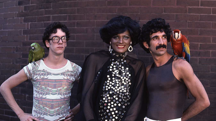 Three people pose in front of a brick wall. Two people have parrots on their shoulders.