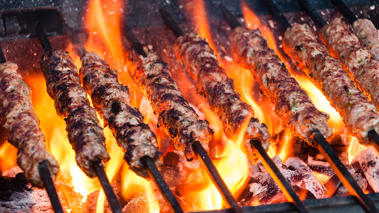 Kebabs being cooked on fire in London