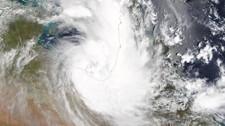 True-color image of Tropical Cyclone Imogen as it was approaching landfall in mainland northern Queensland in 2021