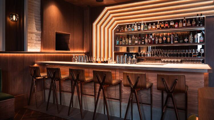 Wooden bar at Hear & There