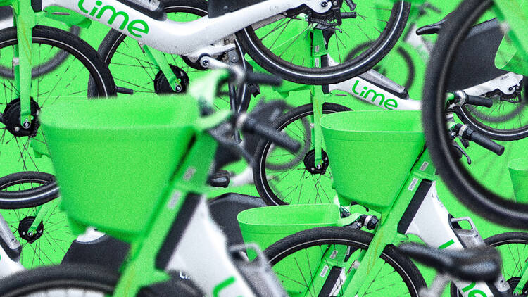 A collage of Lime bikes