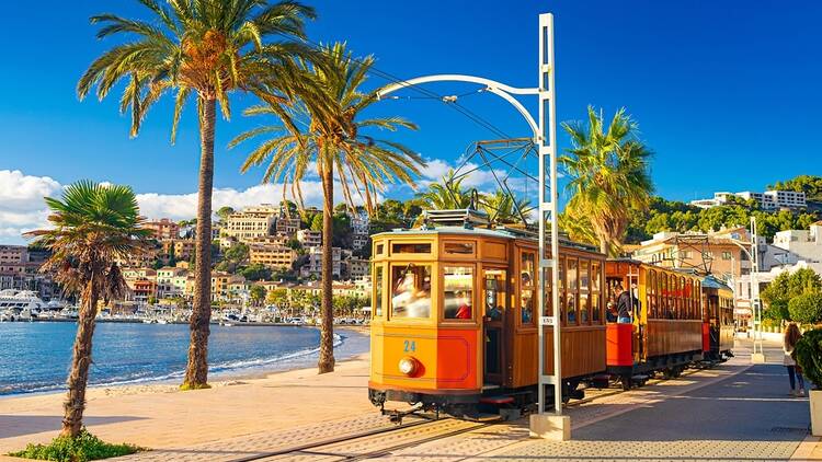 Soller, Majorca – an orange tram next to a body of water, which is lined by palm trees