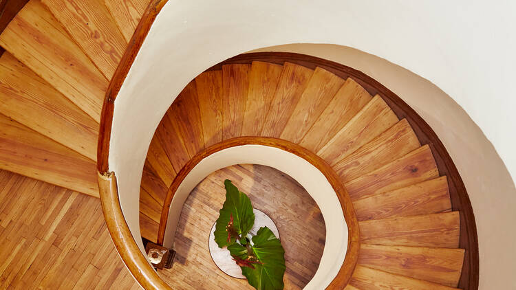 A spiral staircase with wooden steps.