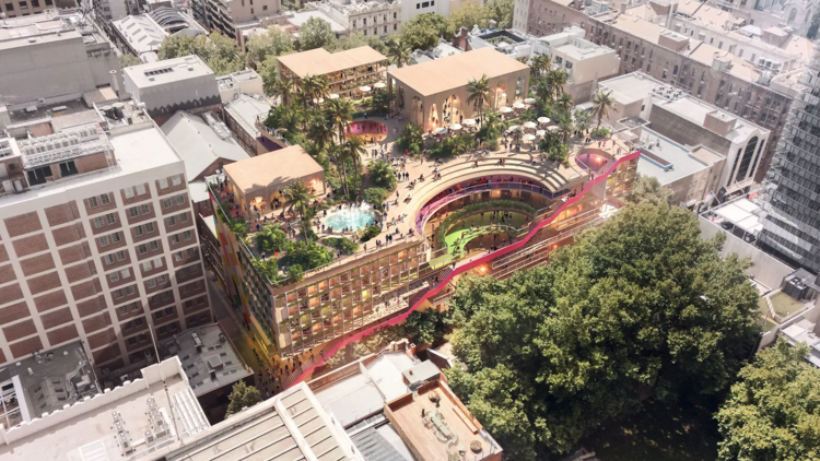 An artist rendering of a multi-storey building with a rooftop park. 