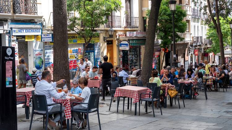 Afternoon dining scene in the Lavapies neighborhood in Madrid, Spain