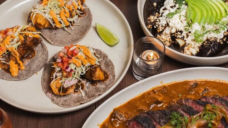 A table of mole, tacos, tostadas and steak