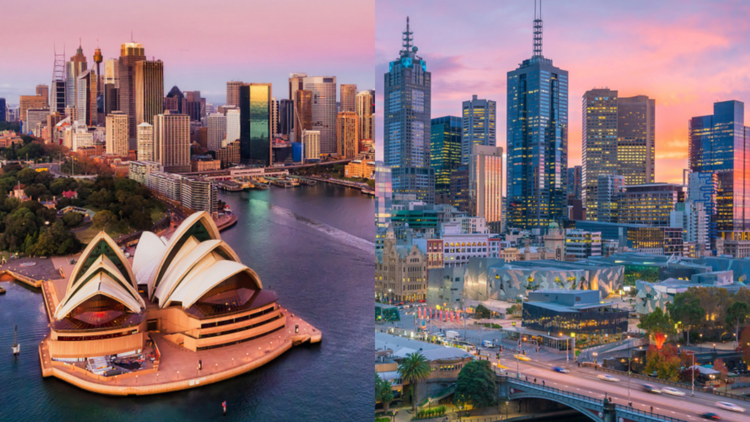 Collage of Sydney and Melbourne skylines