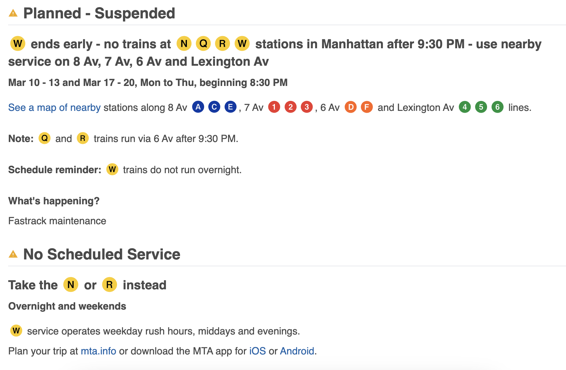 W line service change