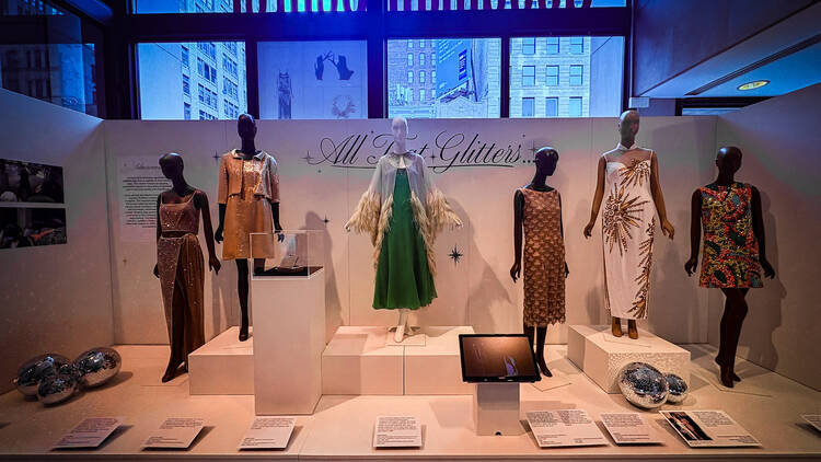 All That Glitters exhibit at Museum at FIT shows six sparkling dresses ranging in use