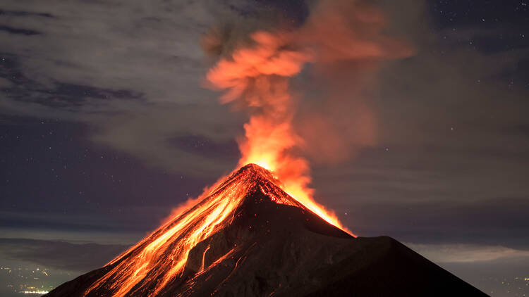 Lava going down the Volcano Fuego in Antigua, Guatemala, right after an eruption