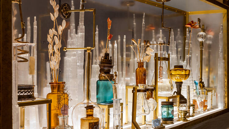 The Chemists’ Club hotel lobby featuring chemistry bottles