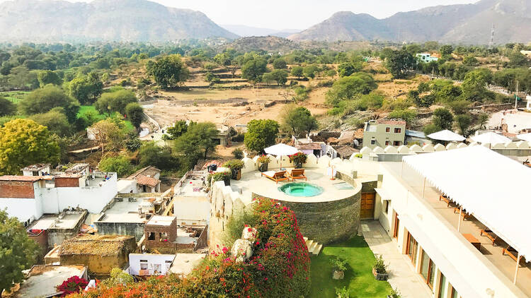 RAAS Devigarh Hotel view. Nestled in the Aravalli Hills of the Udaipur area, an 18th century palace, has spectacular views of the valley.