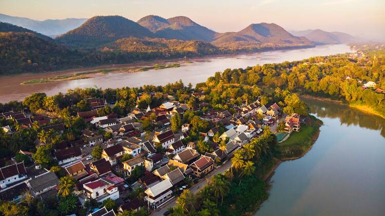 Aerial view of Luang Prabang and surrounding lush mountains of Laos