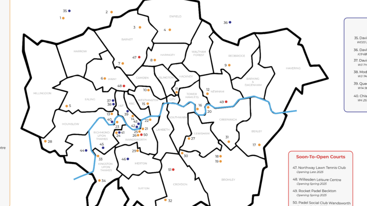 Map of padel courts in London