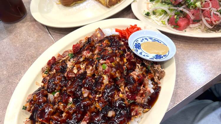 Hawaiian royal and Hawaiian french toast with poke at Gardena Bowl Coffee Shop