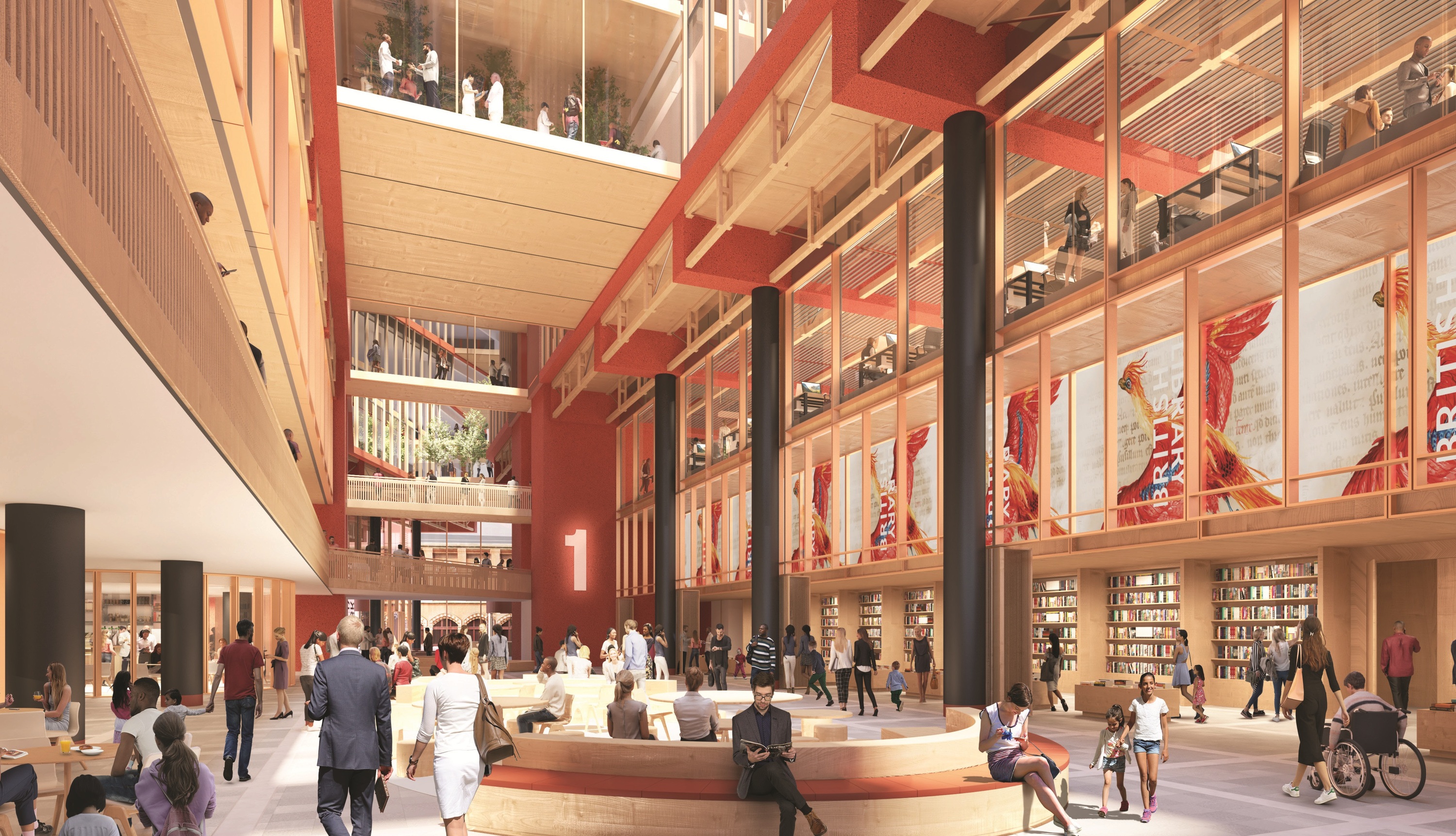Artist’s impression of the new British Library extension, featuring visitors exploring the site and surrounding space.