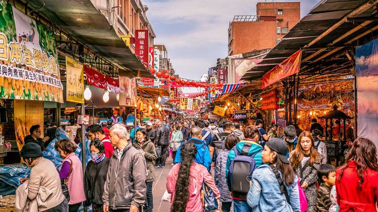 15 February 2018, Taipei Taiwan: Old Dihua jie shopping street view full of people in Taipei Taiwan