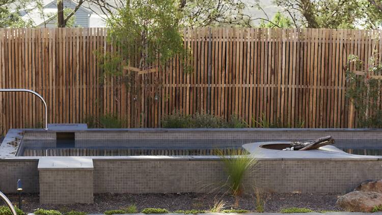 Outdoor pools with trees in the background. 