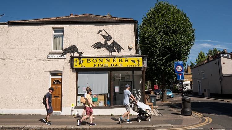 Walthamstow with Banksy artwork in London Walthamstow with Banksy artwork in London