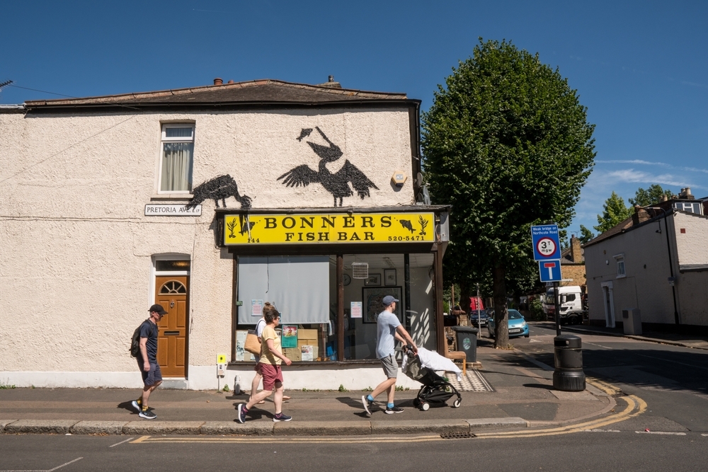 Walthamstow with Banksy artwork in London