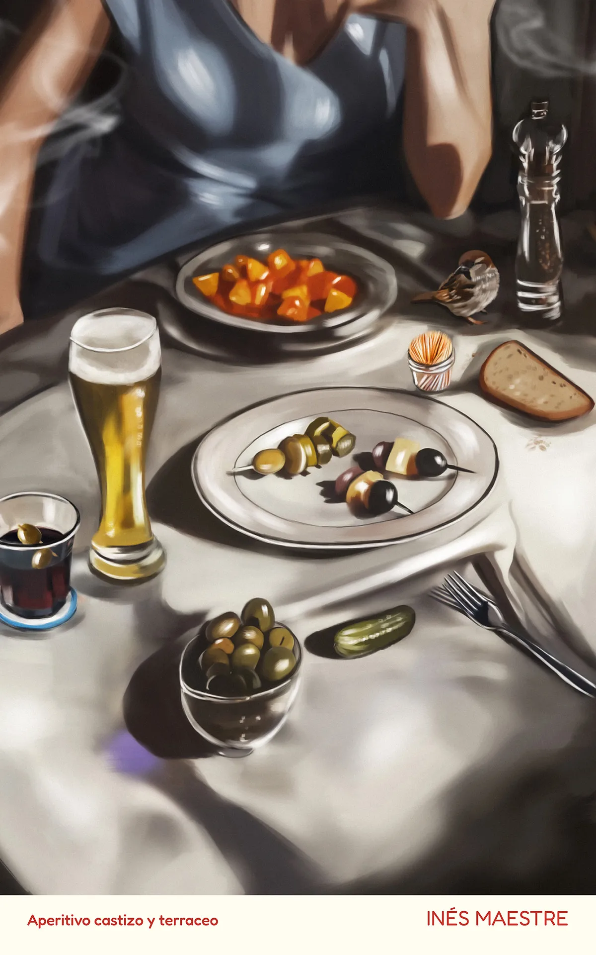 Ilustración de aperitivo castizo y terraceo, por Inés Maestre.