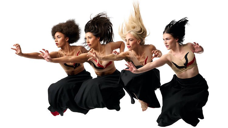Parsons Dance: The Hunt Four female dancers jump in Parsons Dance: The Hunt