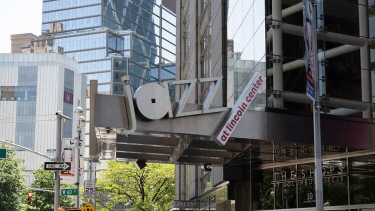 The exterior sign for Jazz at Lincoln Center in Columbus Circle, NYC.