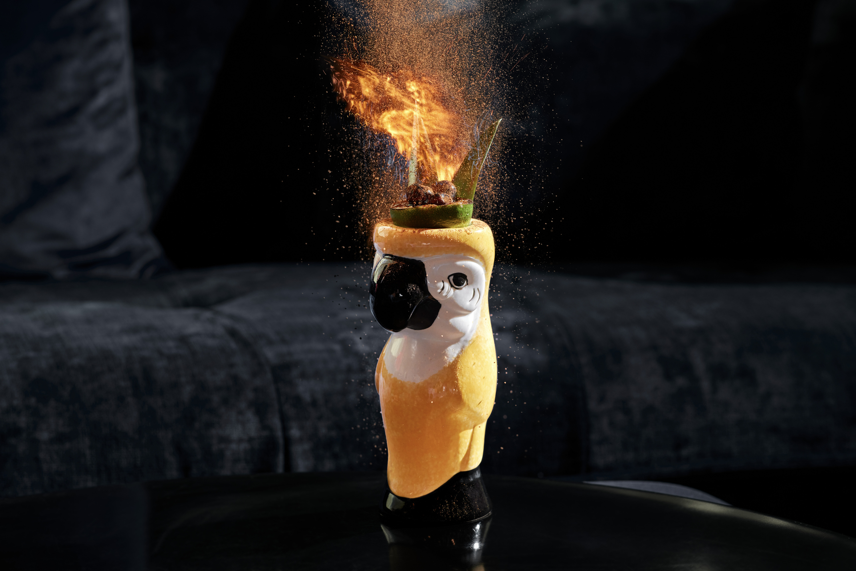 The Rainbow Rager at the Virgin Hotel is a drink in a parrot glass that is lit on fire