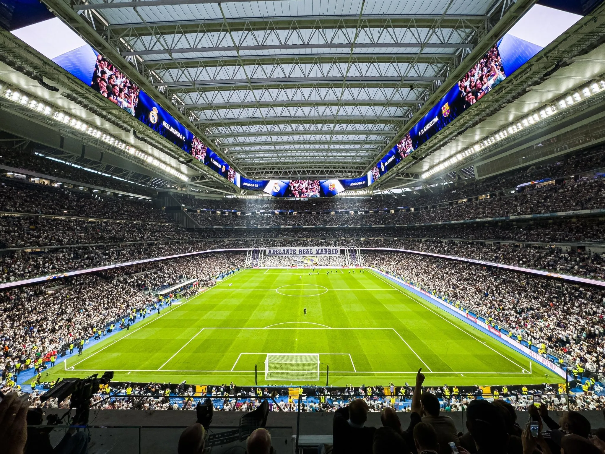 Angled view of Real Madrid stadium, Santiago Bernabeu, with the upper deck extended, in Madrid, Spain.