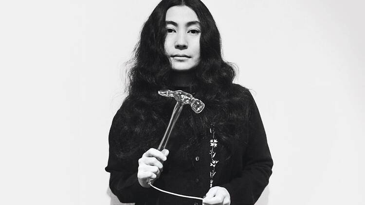 Yoko Ono with Glass Hammer, 1967, from Half-A-Wind Show, Lisson Gallery, London, UK, 1967. Artwork © Yoko Ono.  Yoko Ono with Glass Hammer, 1967, from Half-A-Wind Show, Lisson Gallery, London, UK, 1967. Artwork © Yoko Ono.