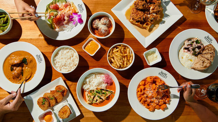 Aerial photo of a spread of food on a table