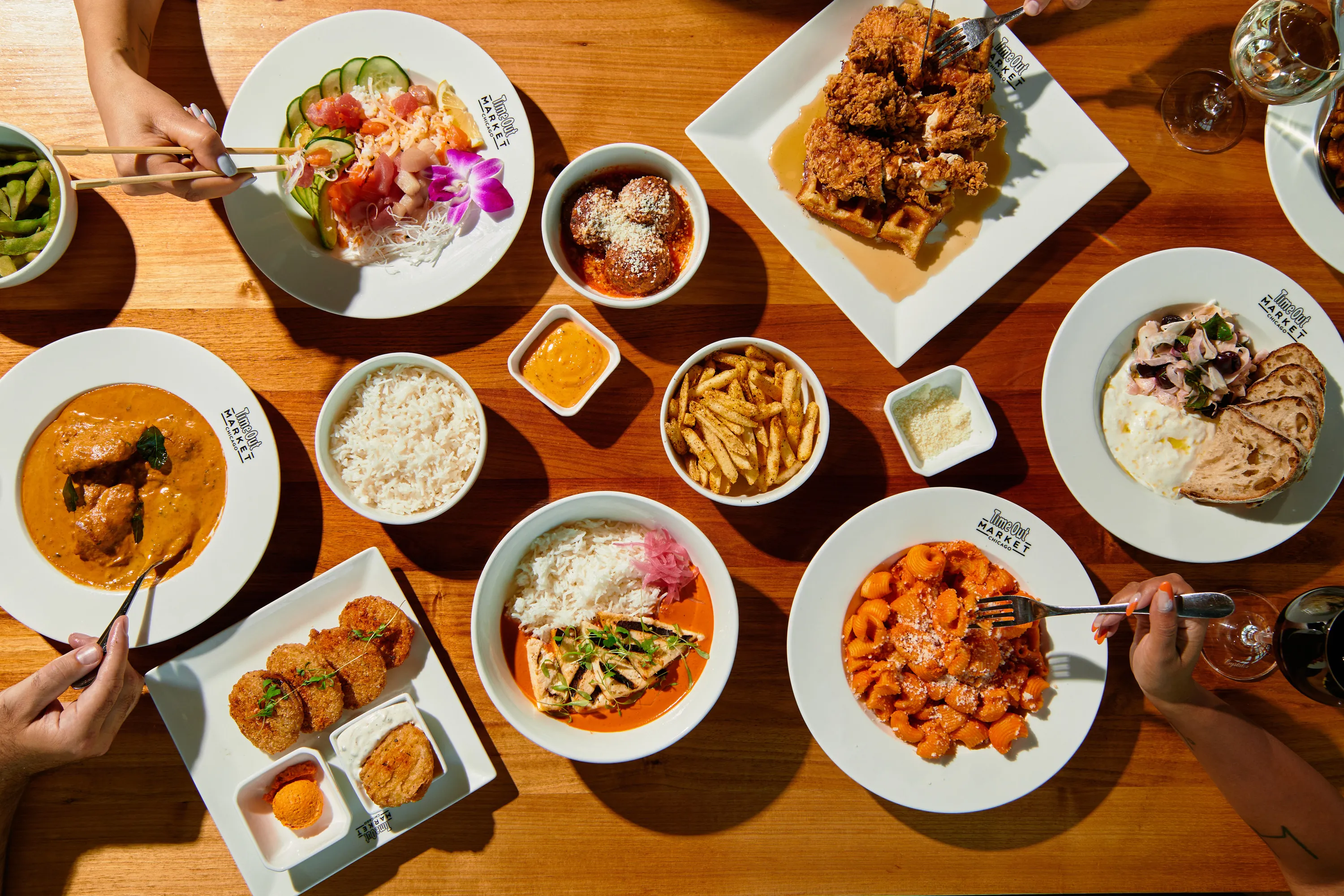Aerial photo of a spread of food on a table