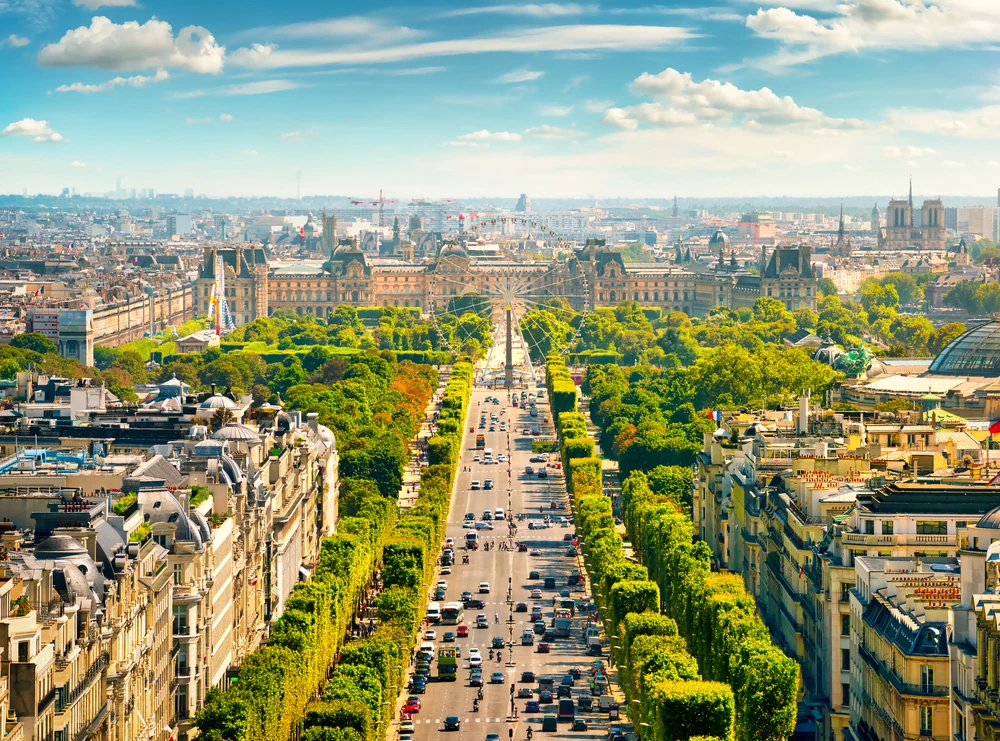 View on Avenue des Champs Elysees from Arc de Triomphe in Paris, France