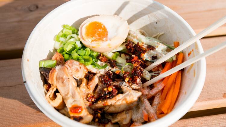 Sen noods ramen bowl on a wooden table