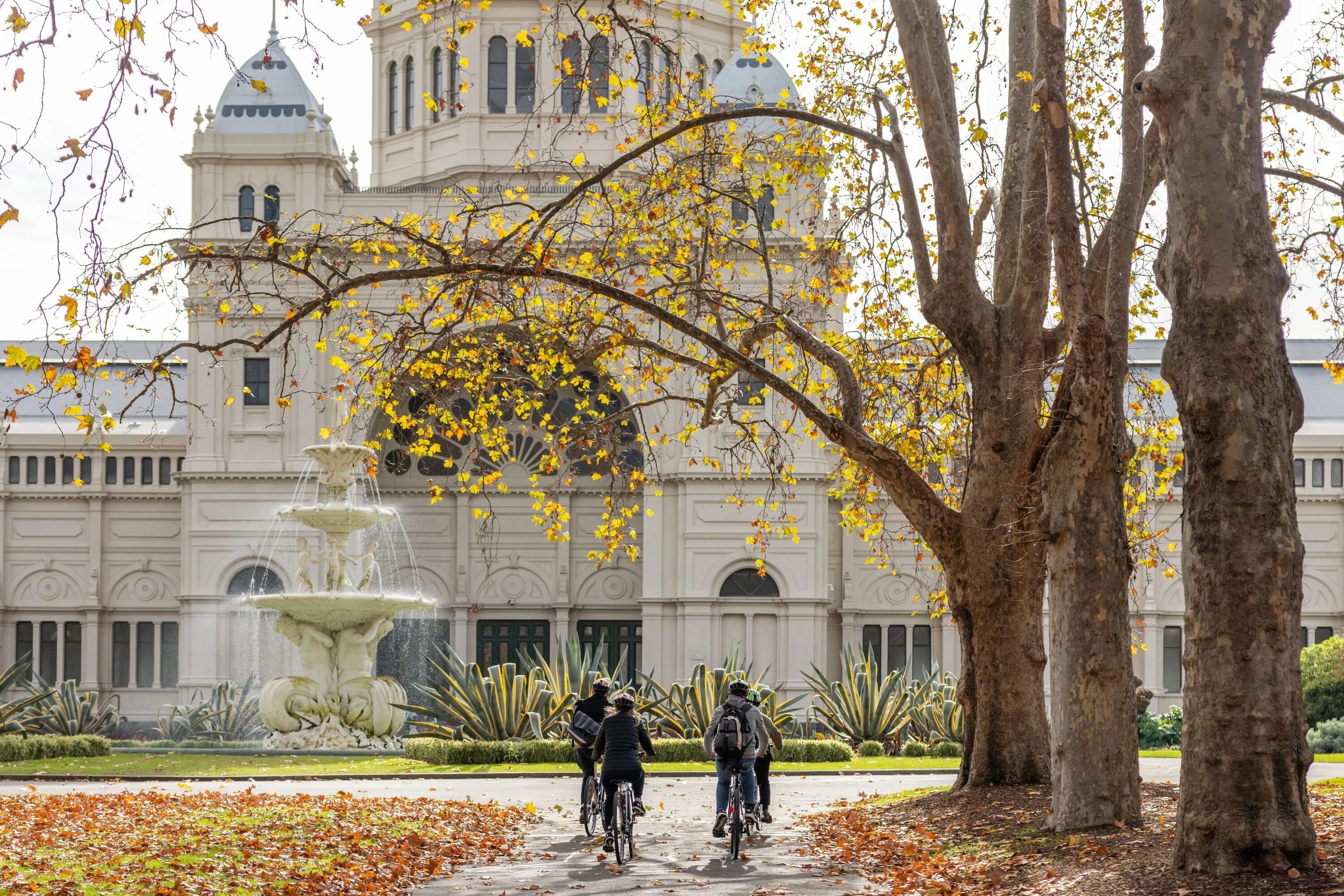 Cyclists riding past the Royal Exhibition Building in autumn.