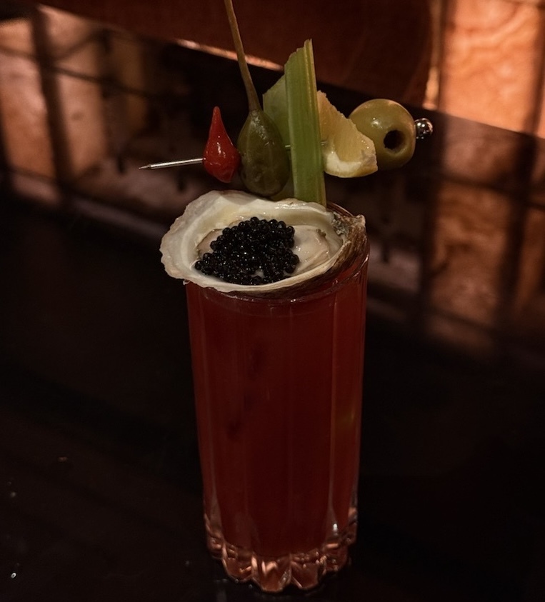 A Bloody Mary with an oyster and caviar on top