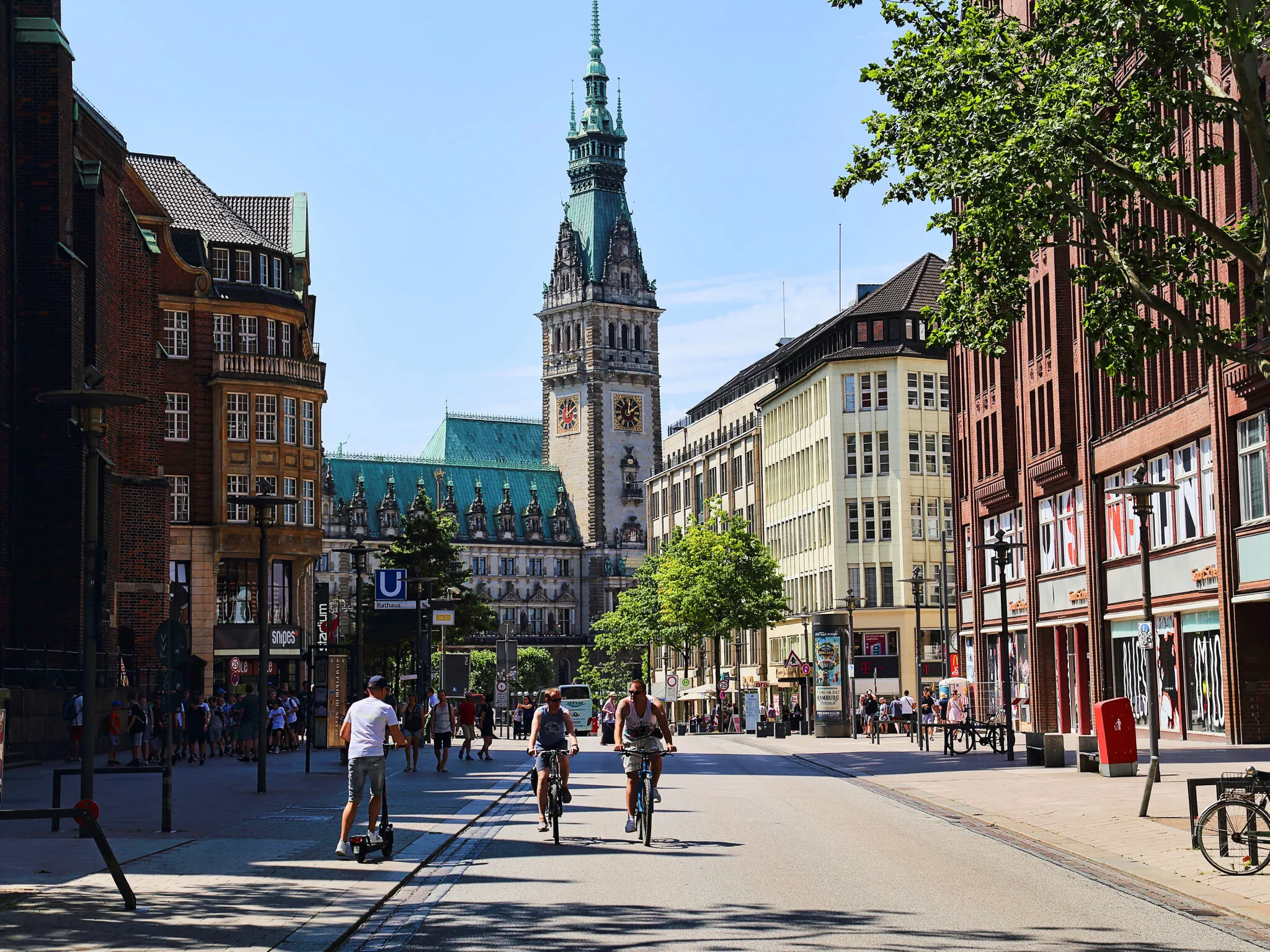  People cycling in the main shopping street Monckebergstrasse of Hamburg, Germany on June 30, 2019