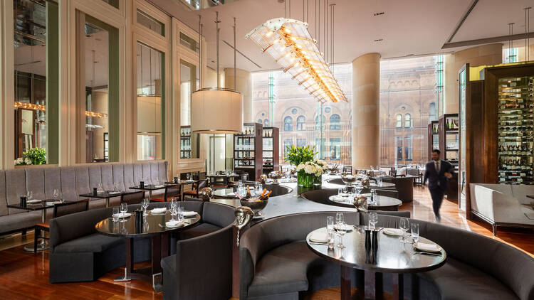 The dining room of Glass Brasserie at the Hilton