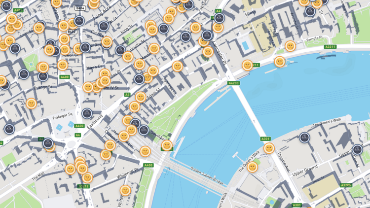 Sunseekr web app, a map showing sunny pubs in London