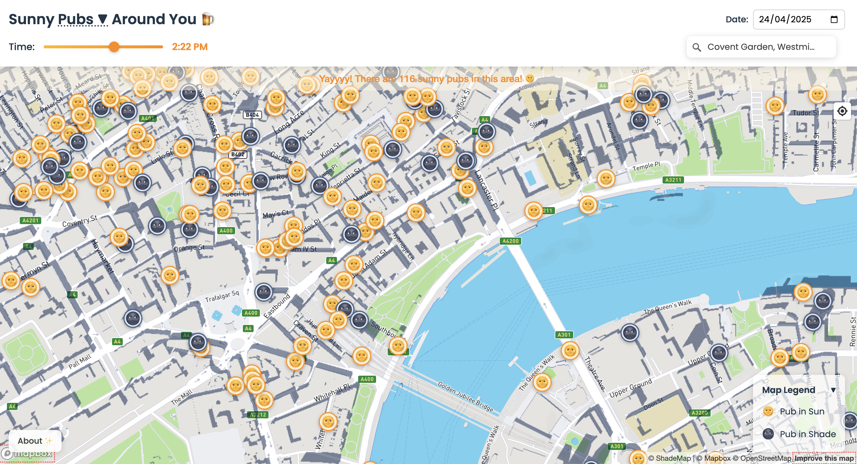 Sunseekr web app, a map showing sunny pubs in London
