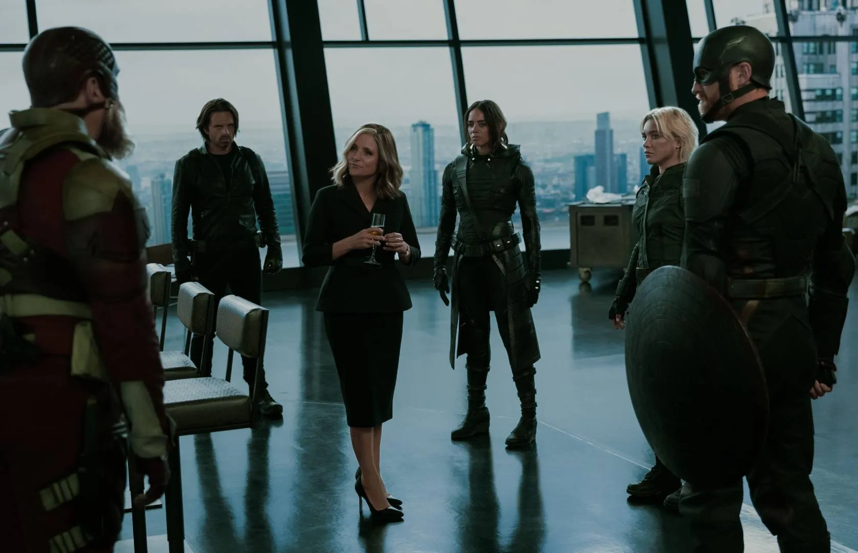 Valentina (Julia Louis-Dreyfus) encountering the Thunderbolts in the Watchtower, a newly revamped version of the Avengers Tower