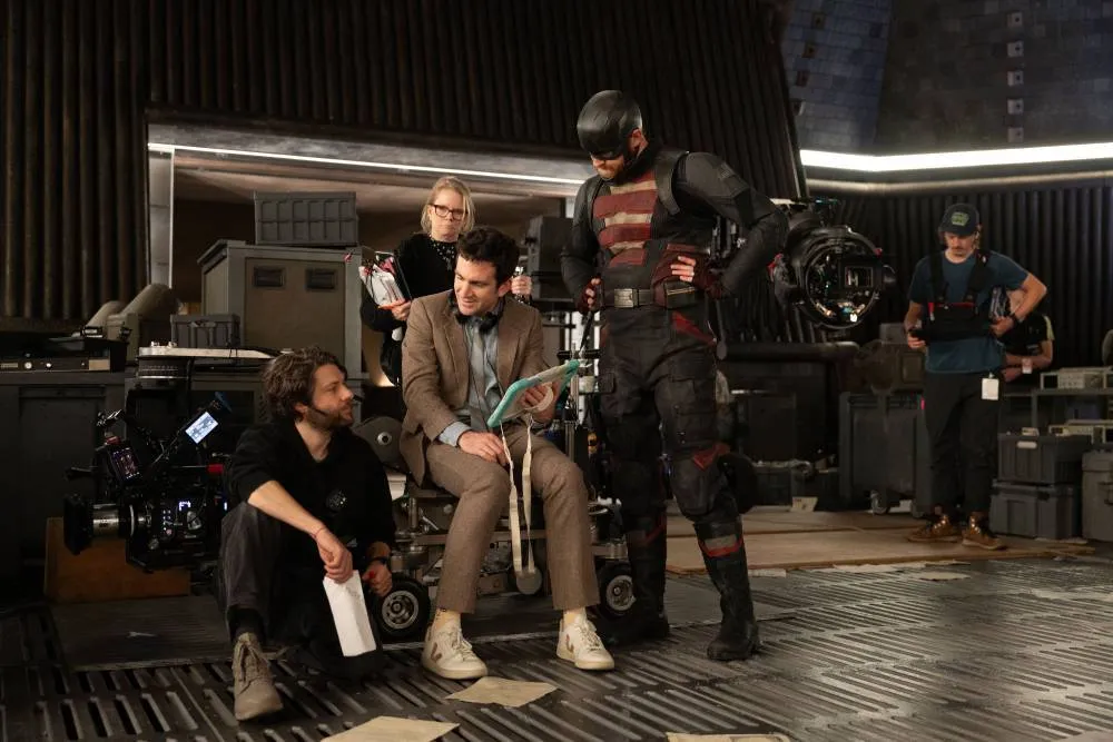 Director Jake Schreier and his crewmates along with Wyatt Russell suited up as "US Agent" John Walker