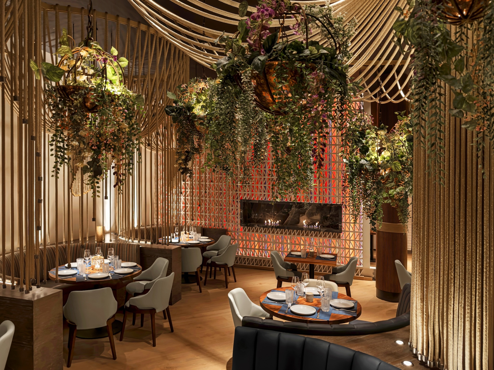 | Interior at Mission Ceviche with ropes and greenery on the ceiling