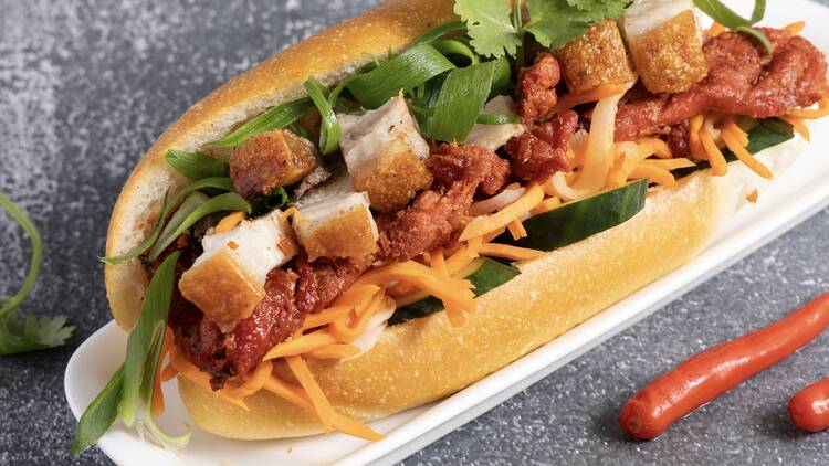 A delicious pork bánh mì.