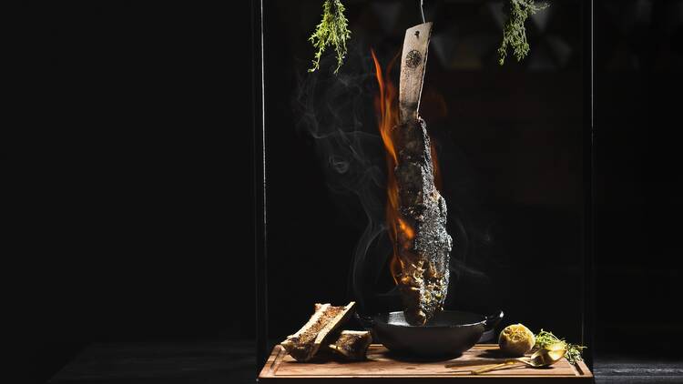 Flaming tomahawk atToca Madera Las Vegas