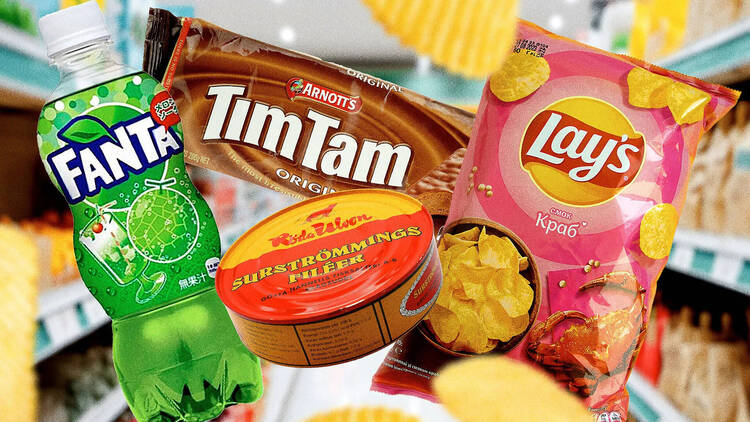Products including Fanta Melon, Tim Tams and Lays crisps superimposed over a supermarket aisle
