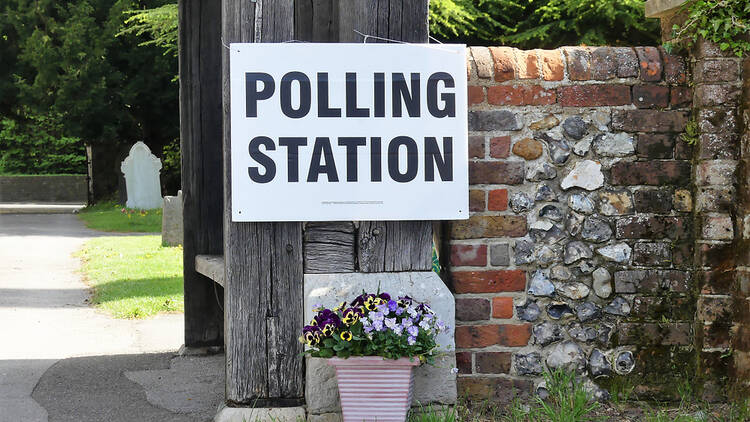 A polling station sign at a church in England