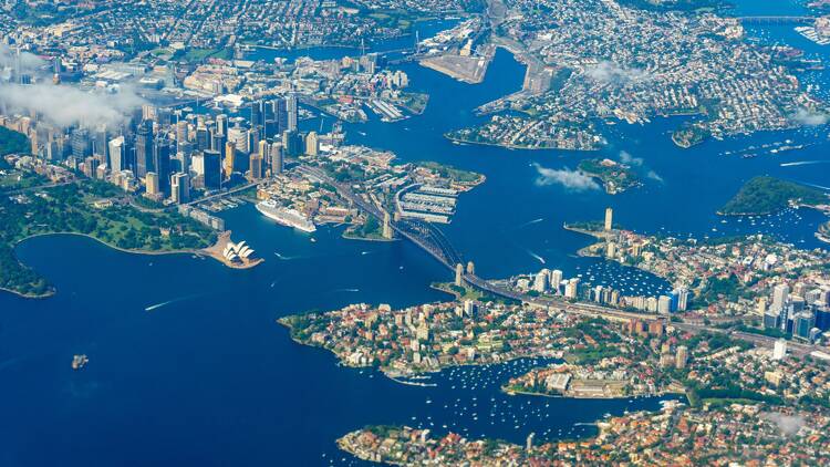 A shot of Sydney and its harbour taken from above